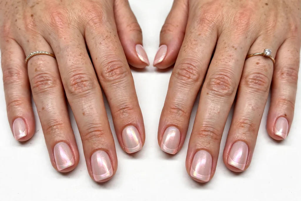 Blush Pearl Holiday Wedding French Tip Nails Holiday wedding French tip nails with blush pink pearl tips with a soft iridescent sheen on a milky nude base, shown on short squoval nails.