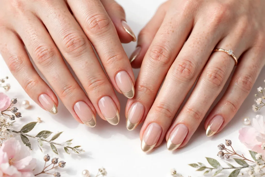 Champagne Gold Holiday Wedding French Tip Nails Holiday wedding French tip nails with pale champagne gold metallic tips on a sheer nude base, shown on medium almond nails.