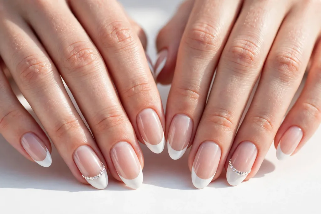 Crystal Accent Holiday Wedding French Tip Nails Holiday wedding French tip nails with white tips and a row of tiny crystals along the smile line of each ring finger on a sheer nude base, shown on medium almond nails.