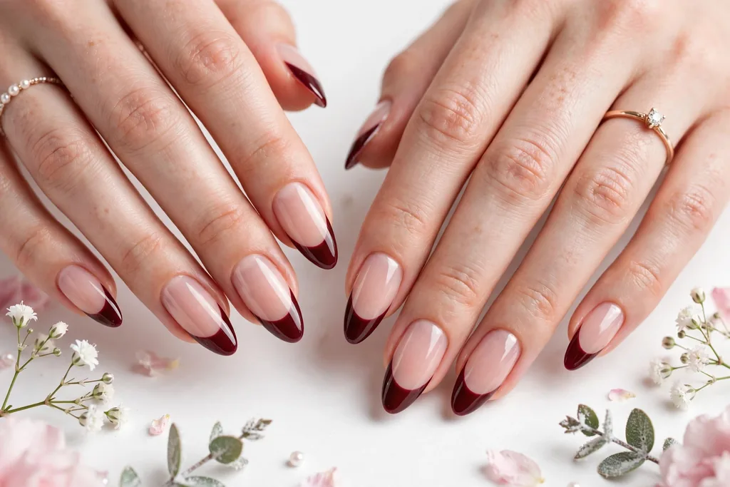 Deep Burgundy Holiday Wedding French Tip Nails Holiday wedding French tip nails with deep burgundy glossy tips on a sheer nude base, shown on long almond nails.