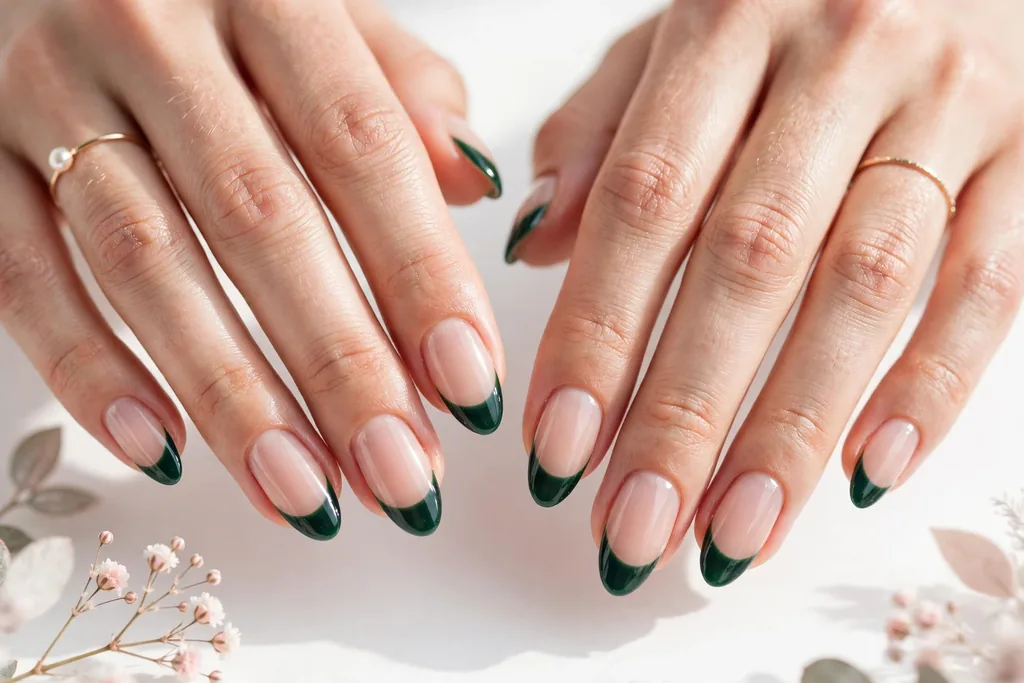 Emerald Holiday Wedding French Tip Nails Holiday wedding French tip nails with deep emerald green glossy tips on a sheer nude base, shown on medium almond nails.