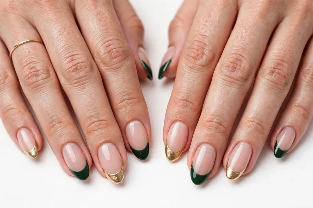 Evergreen and Gold Holiday Wedding French Tip Nails Holiday wedding French tip nails alternating deep evergreen and metallic gold tips on a sheer nude base, shown on medium almond nails.