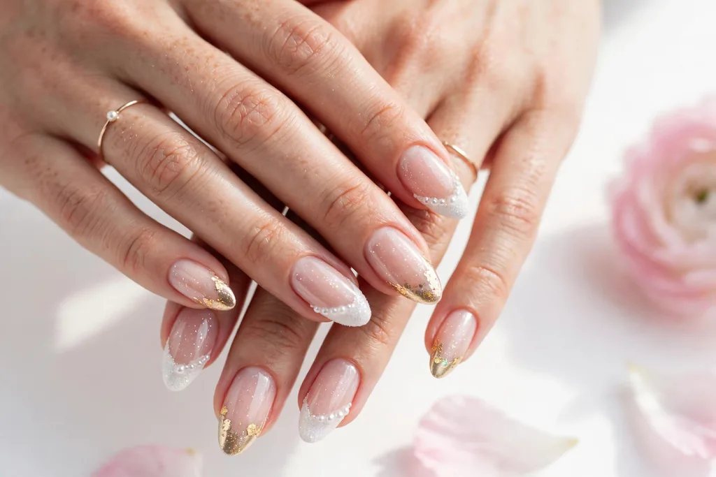 Holiday wedding French tip nails with winter white, pearl, and gold tips and subtle sparkle on a sheer nude base, shown on a woman's hands against a white background with soft winter light.