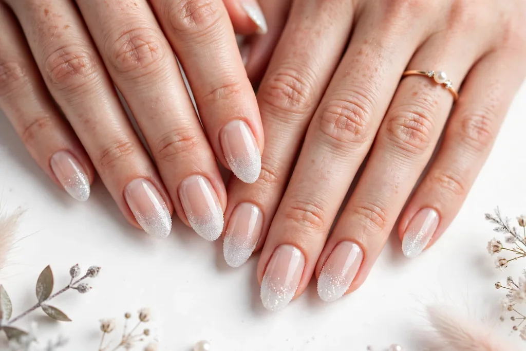 Frosted White Shimmer Holiday Wedding French Tip Nails Holiday wedding French tip nails with frosted white shimmer tips with fine sparkle on a sheer nude base, shown on medium almond nails.