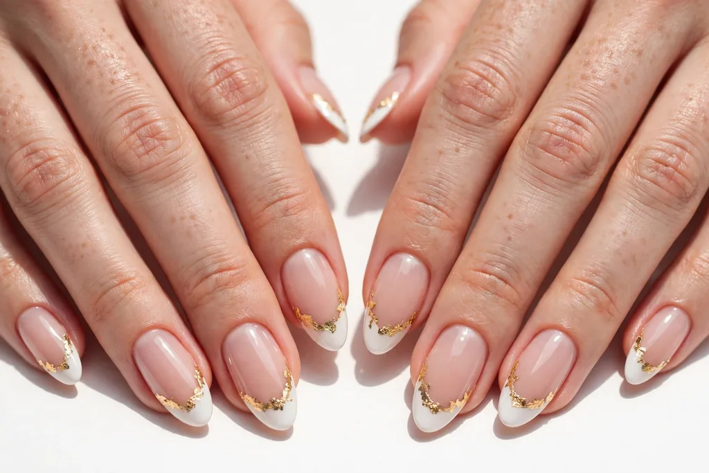 Gold Foil Holiday Wedding French Tip Nails Holiday wedding French tip nails with white tips and irregular gold foil flakes along the smile line on a sheer nude base, shown on medium almond nails.