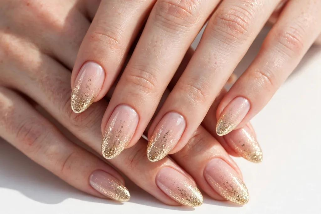 Gold Glitter Fade Holiday Wedding French Tip Nails Holiday wedding French tip nails with gold glitter tips fading into a sheer nude base, shown on medium almond nails.