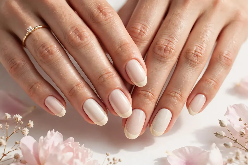Ivory Cream Holiday Wedding French Tip Nails Holiday wedding French tip nails with warm ivory cream tips on a milky nude base, shown on medium oval nails.