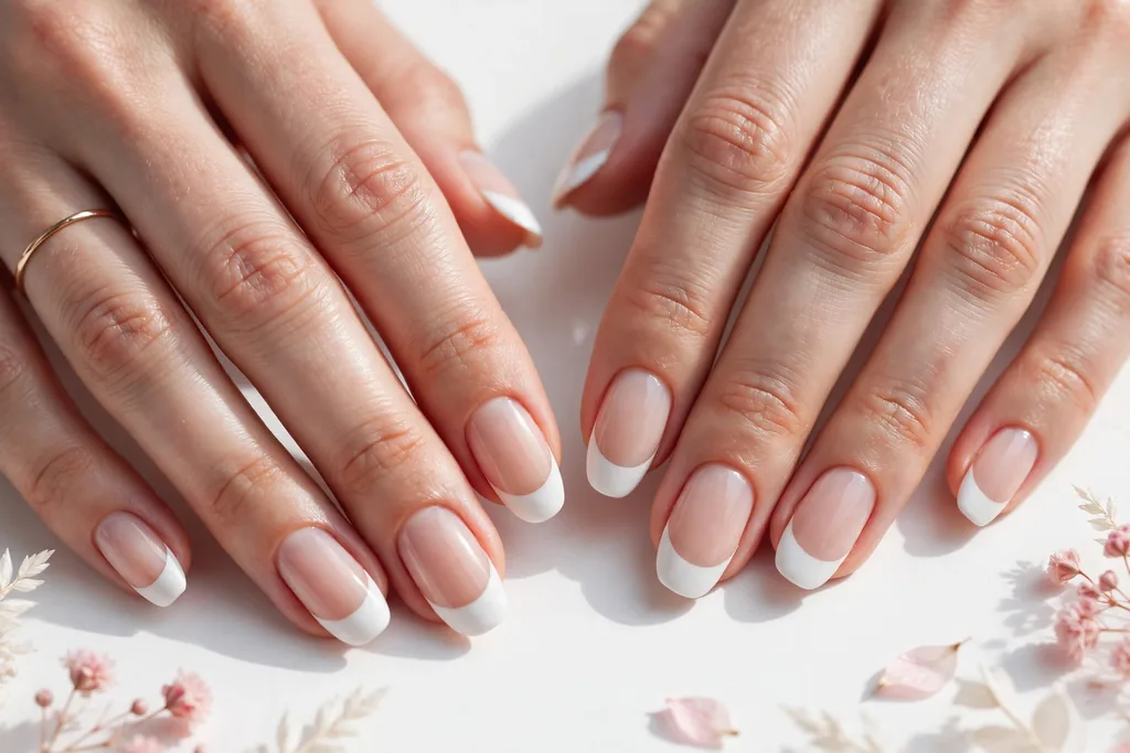 Matte Winter White Holiday Wedding French Tip Nails Holiday wedding French tip nails with matte winter white tips on a soft sheer nude base, shown on medium almond nails.