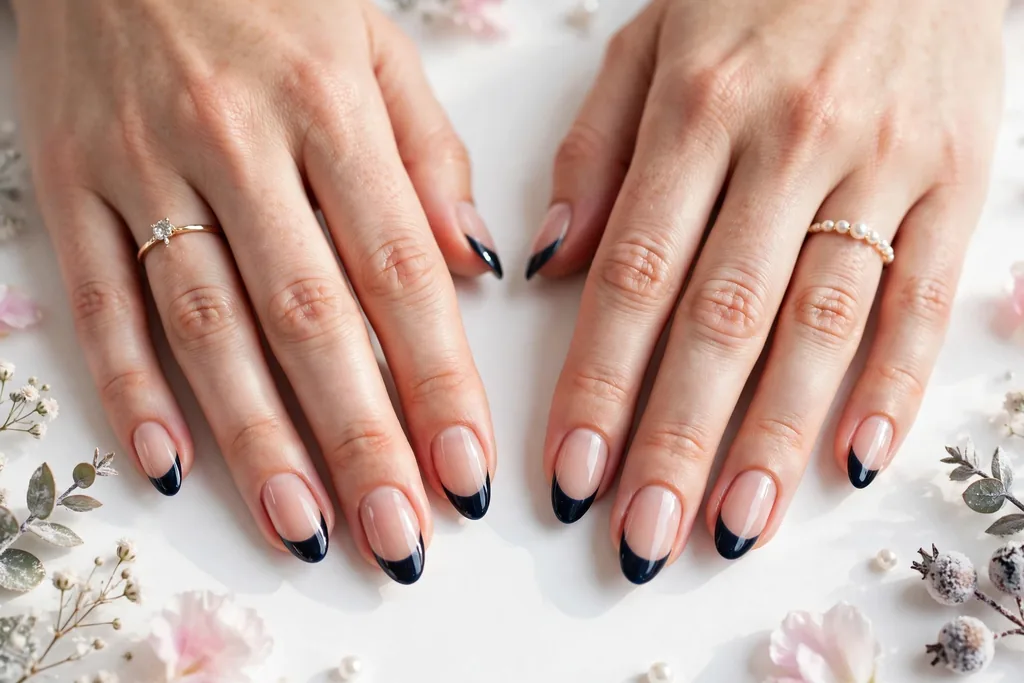 Midnight Navy Holiday Wedding French Tip Nails Holiday wedding French tip nails with midnight navy glossy tips on a sheer nude base, shown on medium almond nails.