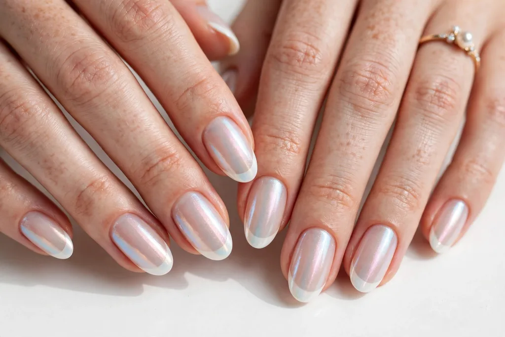 Pearl Sheen Holiday Wedding French Tip Nails Holiday wedding French tip nails with soft white tips under a pearlescent sheen on a sheer nude base, shown on medium almond nails.
