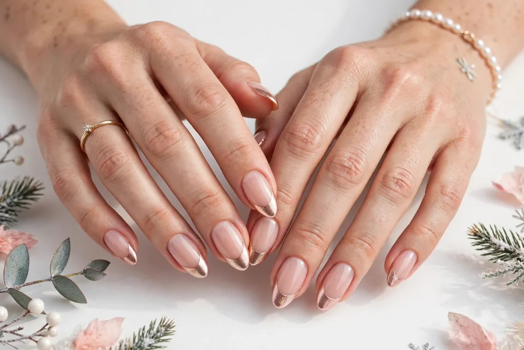 Rose Gold Holiday Wedding French Tip Nails Holiday wedding French tip nails with rose gold metallic tips on a sheer nude base, shown on medium almond nails.