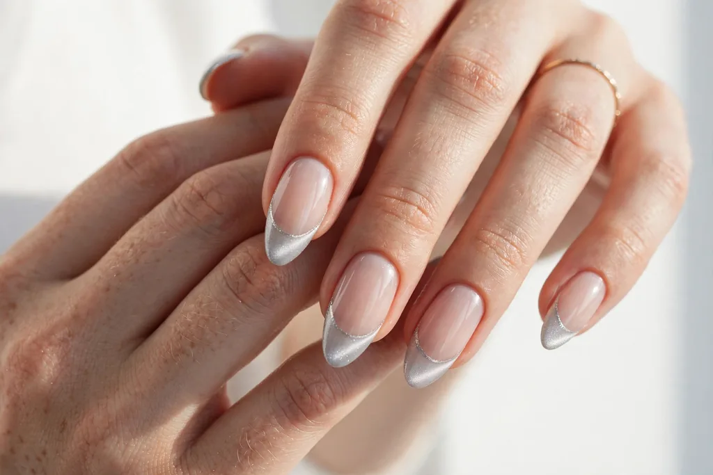 Silver Cat-Eye Holiday Wedding French Tip Nails Holiday wedding French tip nails with silver cat-eye magnetic tips with a soft velvet light band on a sheer nude base, shown on long almond nails.