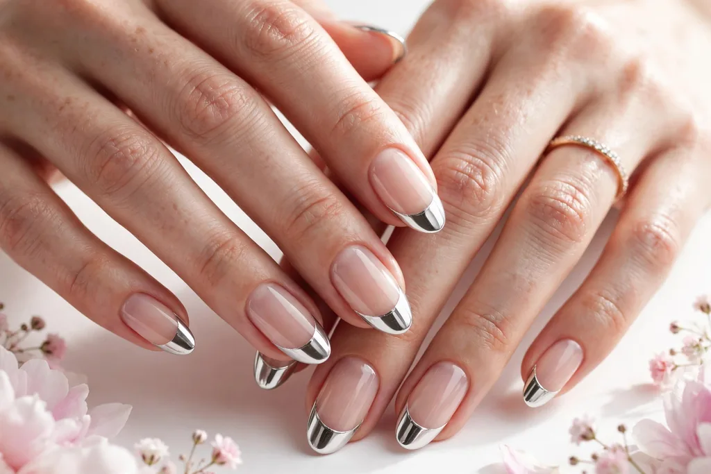 Silver Chrome Holiday Wedding French Tip Nails Holiday wedding French tip nails with silver chrome mirror tips on a sheer nude base, shown on medium almond nails.