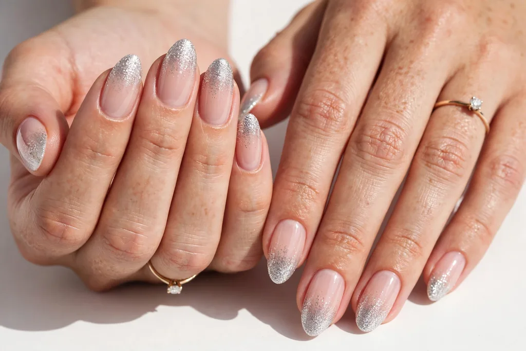 Silver Glitter Ombre Holiday Wedding French Tip Nails Holiday wedding French tip nails with silver glitter ombre tips fading into a sheer nude base, shown on medium almond nails.