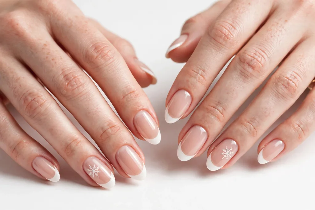 Snowflake Accent Holiday Wedding French Tip Nails Holiday wedding French tip nails with white tips and one tiny white snowflake painted on each ring finger accent nail on a sheer nude base, shown on medium almond nails.
