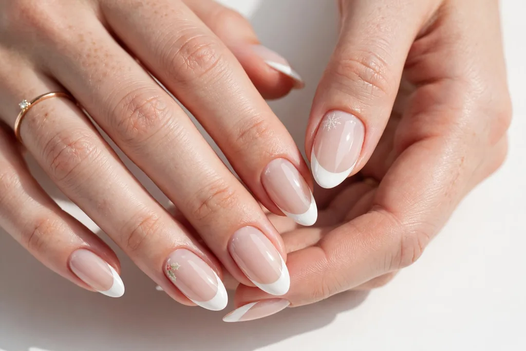 Classic Winter White Holiday Wedding French Tip Nails Holiday wedding French tip nails with crisp winter white glossy tips on a sheer nude base, shown on medium almond nails.