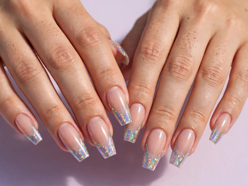 Holographic glitter French tip nails with rainbow shine on coffin nails