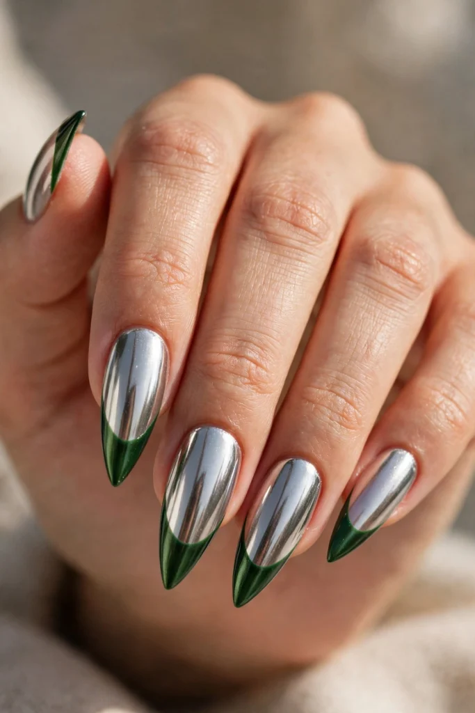 Stiletto nails with hunter green French tips over a reflective silver chrome metallic finish.