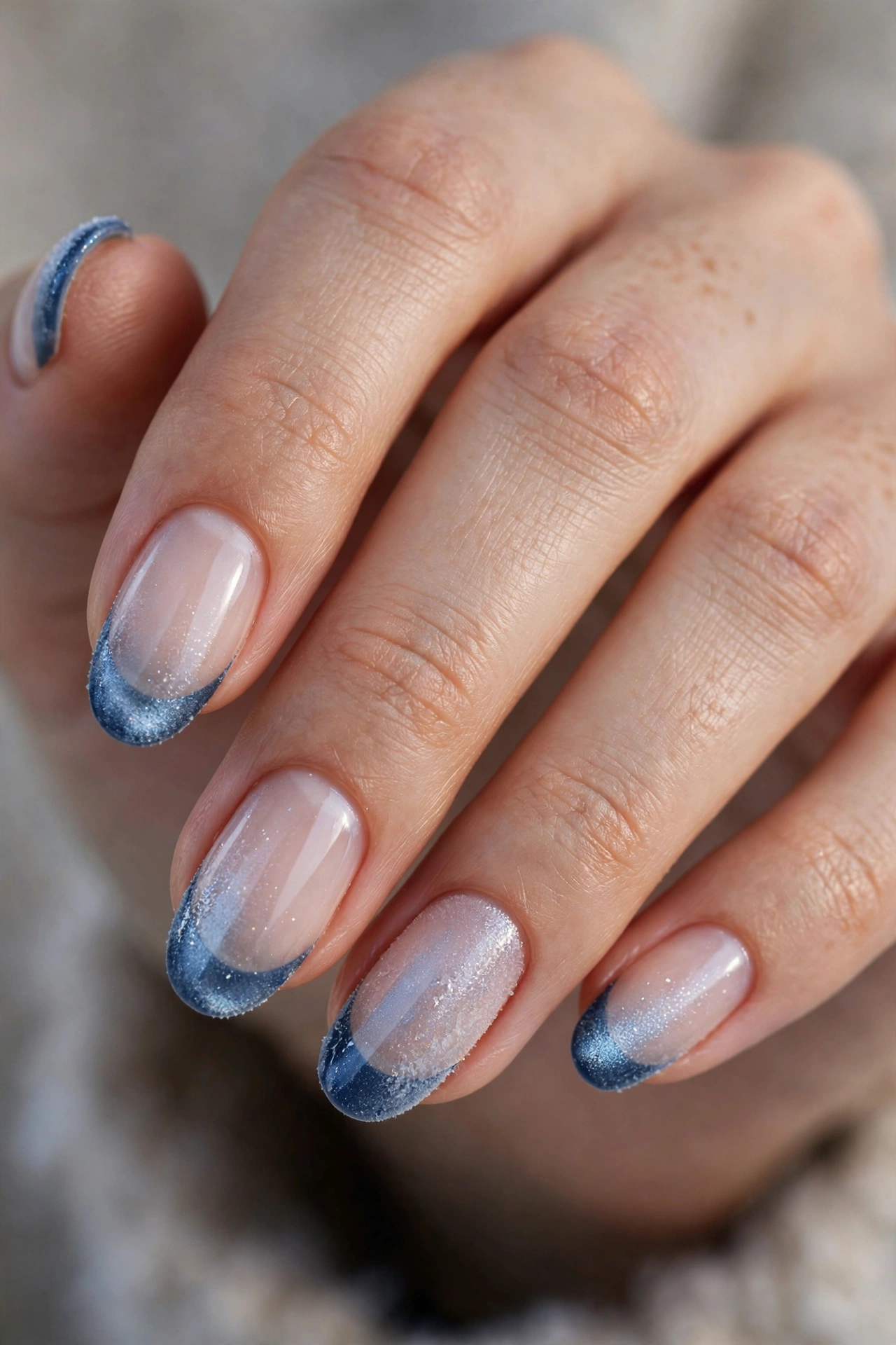 Oval nails with frosted icy navy French tips with a silvery-blue shimmer over a sheer base.
