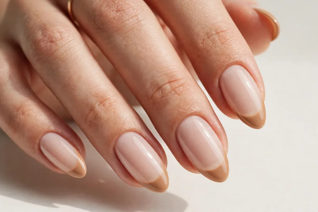 Labor Day French tip nails with light caramel tan tips on a milky nude base, shown on medium almond nails.