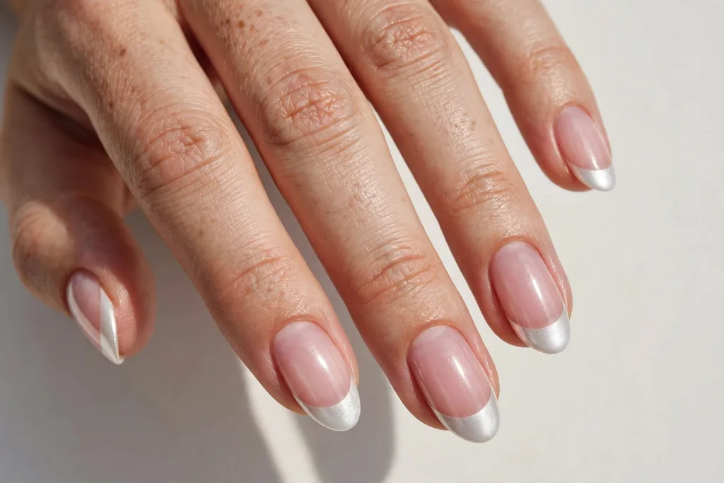 Labor Day French tip nails with pearly white chrome tips on a sheer pink base, shown on medium almond nails.