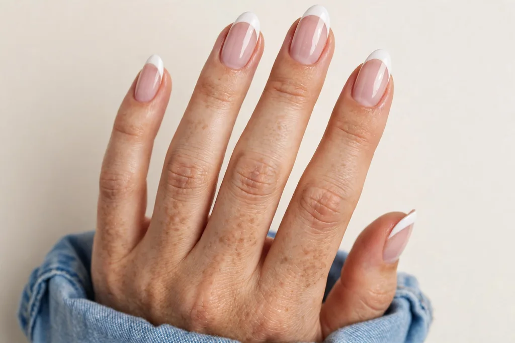 Labor Day French tip nails with crisp classic white tips on a sheer pink base, shown on medium almond nails.