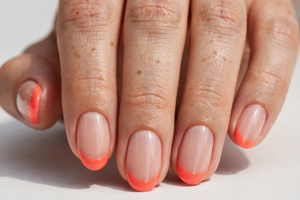 Labor Day French tip nails with bright late-summer coral tips on a sheer nude base, shown on medium oval nails.