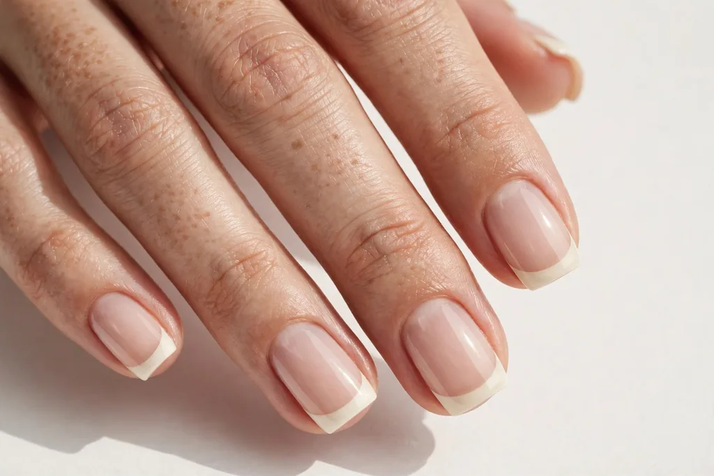 Labor Day French tip nails with soft cream tips on a sheer nude base, shown on short square nails.