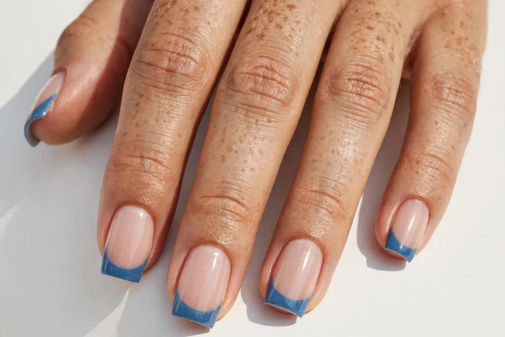 Labor Day French tip nails with medium denim blue tips on a sheer nude base, shown on medium square nails.