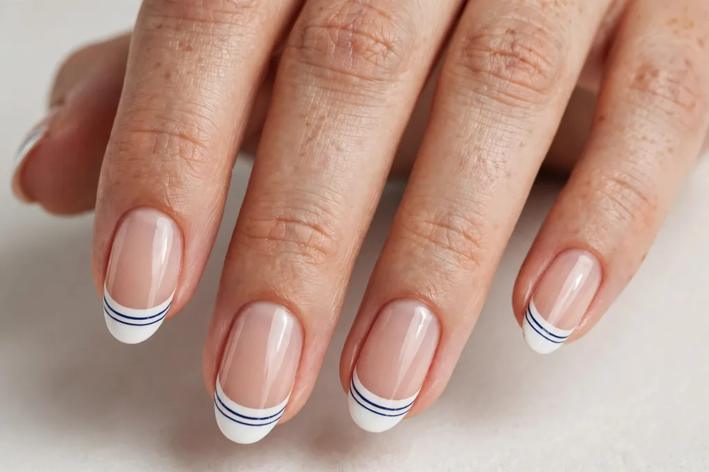 Labor Day French tip nails with white tips and a thin navy double line beneath the smile line on a sheer nude base, shown on medium almond nails.