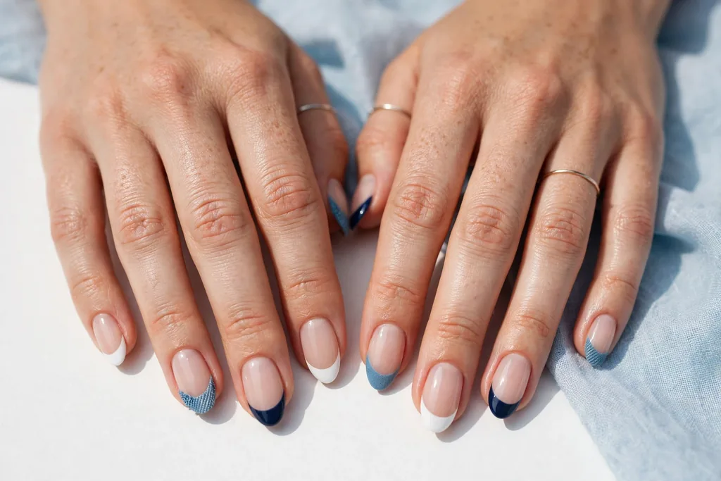 Labor Day French tip nails with crisp white and navy tips and a soft denim blue accent on a sheer nude base, shown on a woman's hands against a white and light blue background.
