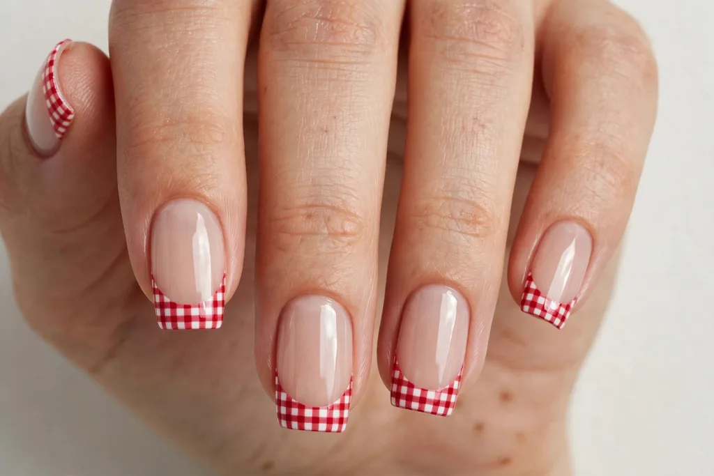 Labor Day French tip nails with red and white gingham check tips on a sheer nude base, shown on medium squoval nails.