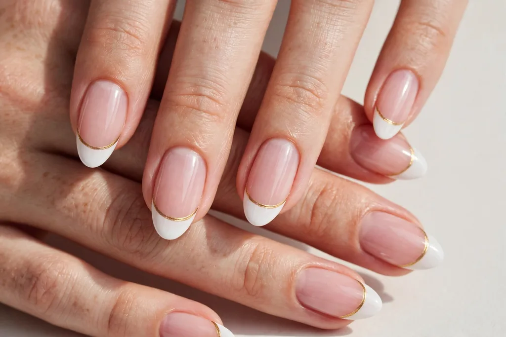 Labor Day French tip nails with classic white tips edged with a thin metallic gold line on a sheer pink base, shown on medium almond nails.
