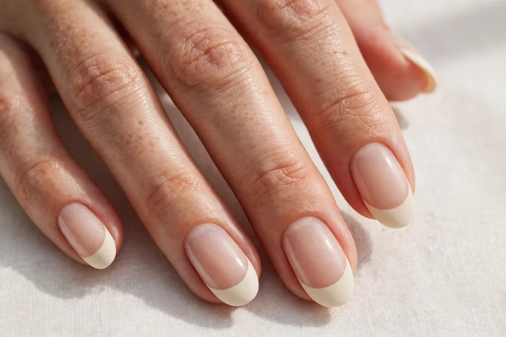 Labor Day French tip nails with matte cream tips on a sheer nude base, shown on medium oval nails.
