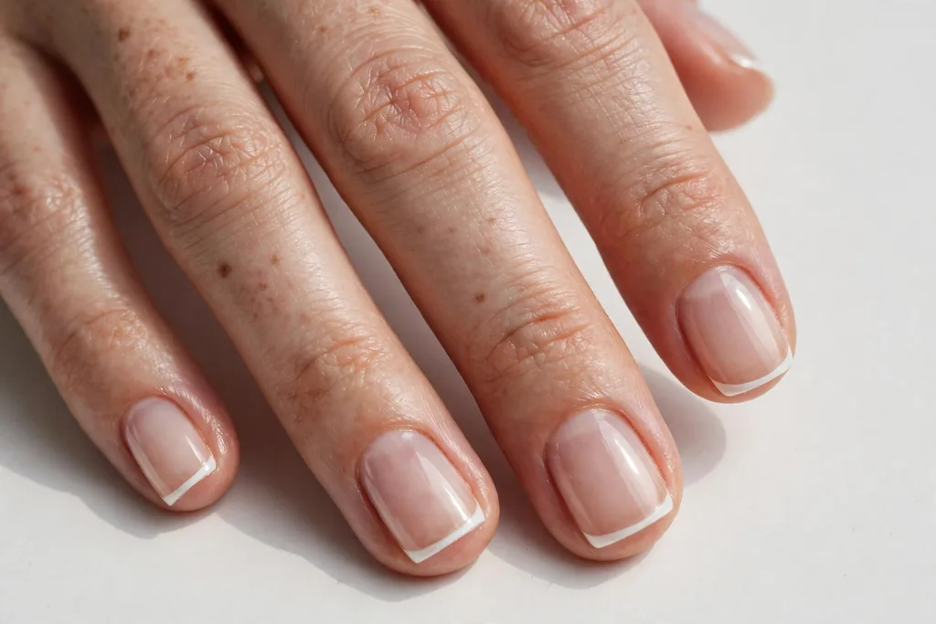 Labor Day French tip nails with ultra-thin white micro tips on a clear sheer base, shown on short squoval nails.