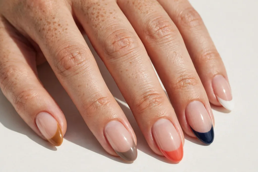 Labor Day French tip nails with a different tip color on each nail, including white, navy, coral, taupe, and caramel, on a sheer nude base, shown on medium almond nails.