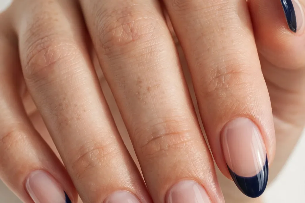 Labor Day French tip nails with deep navy glossy tips on a sheer nude base, shown on medium almond nails.