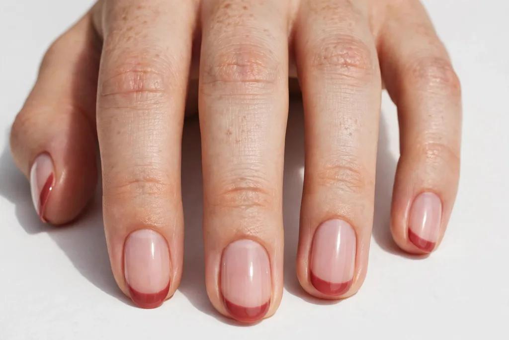 Labor Day French tip nails with soft muted red tips on a sheer pink base, shown on medium oval nails.