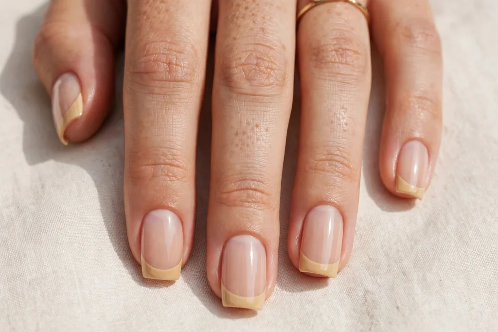 Labor Day French tip nails with warm straw beige tips on a sheer nude base, shown on medium square nails.