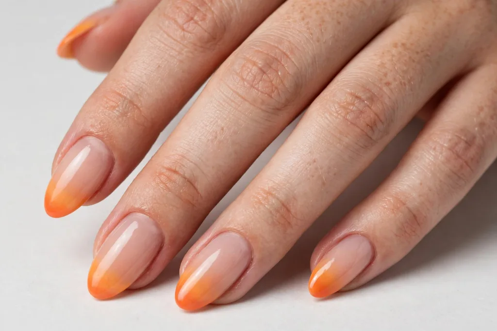 Labor Day French tip nails with sunset orange tips fading softly down into a sheer nude base, shown on medium almond nails.