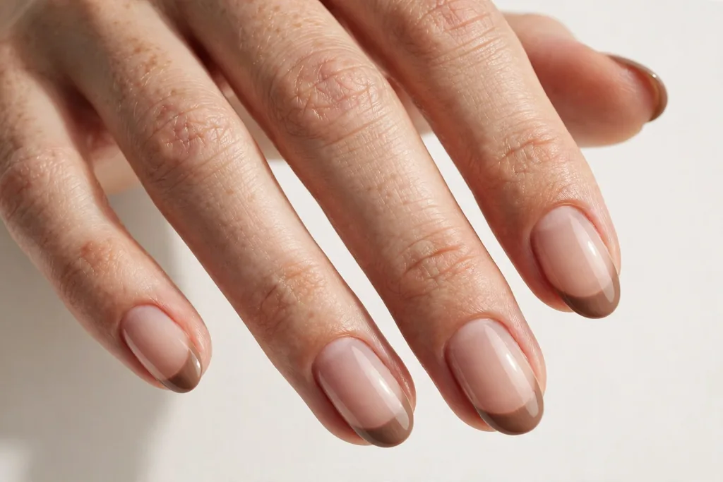 Labor Day French tip nails with warm taupe tips on a sheer nude base, shown on medium oval nails.
