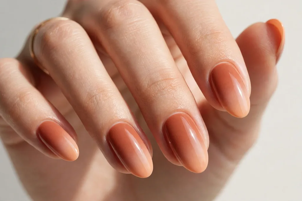 Labor Day French tip nails with tips shifting from peach at the edge to warm terracotta near the base, shown on medium almond nails.