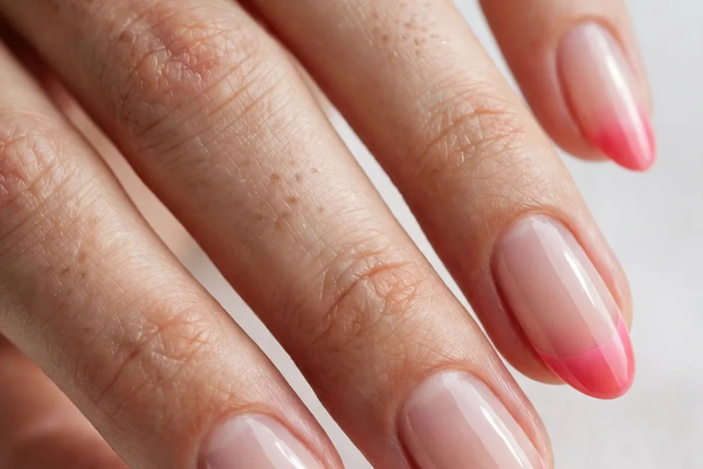 Labor Day French tip nails with watermelon pink tips fading into a sheer base, shown on medium almond nails.