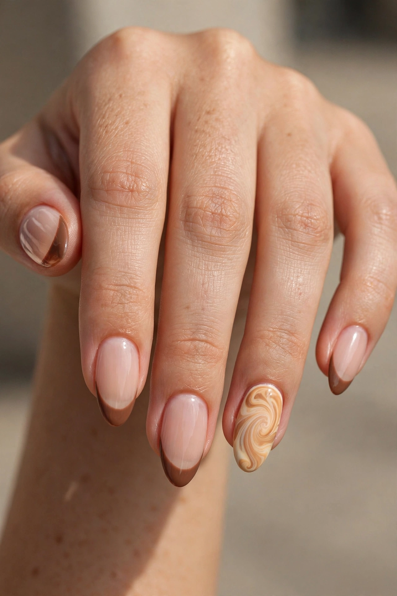 Close-up of almond nails with brown French tips and a caramel latte swirl accent nail