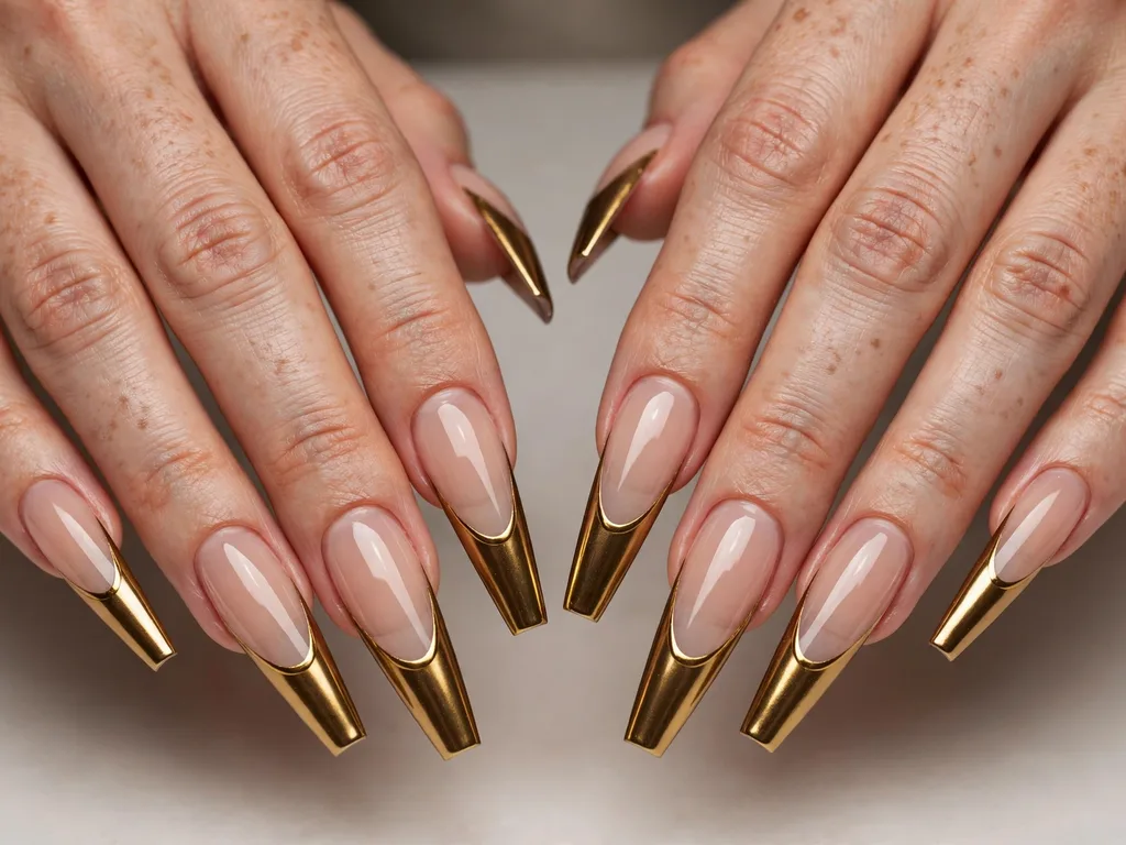 Long coffin gold French tip nails with deep metallic tips