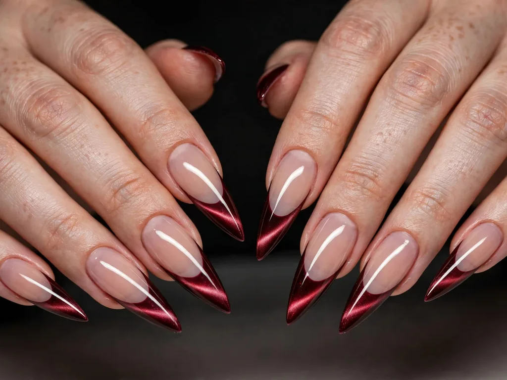Long stiletto cat eye French tip nails in dark red with a bright light band