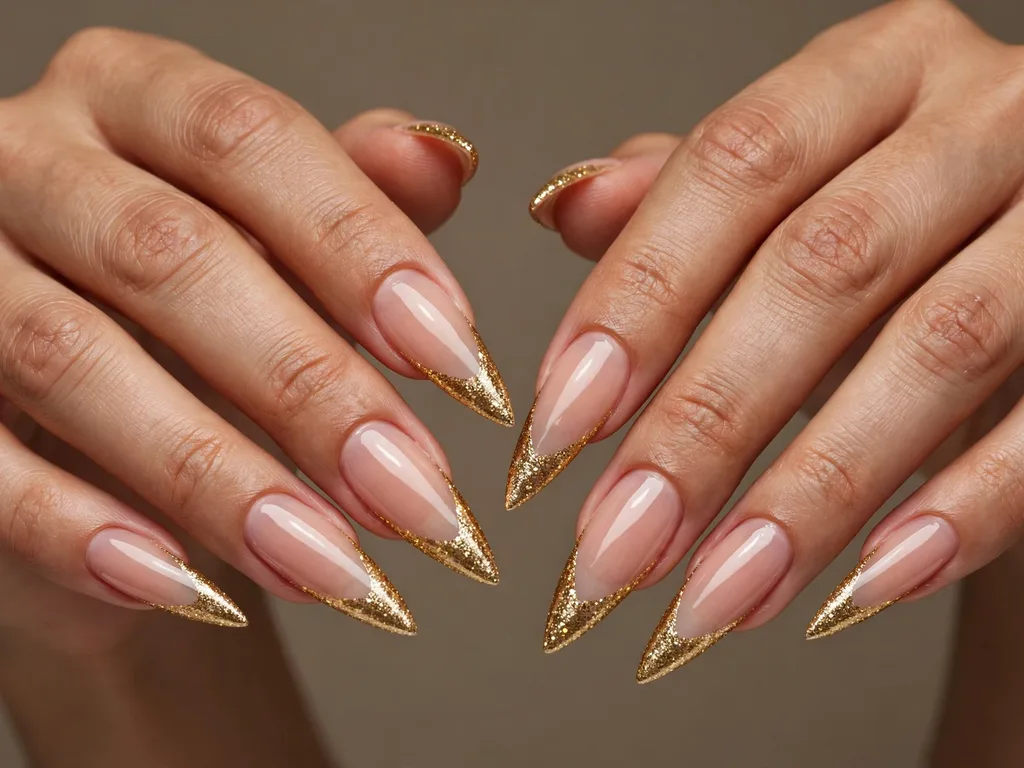 Long stiletto nails with gold glitter French tips