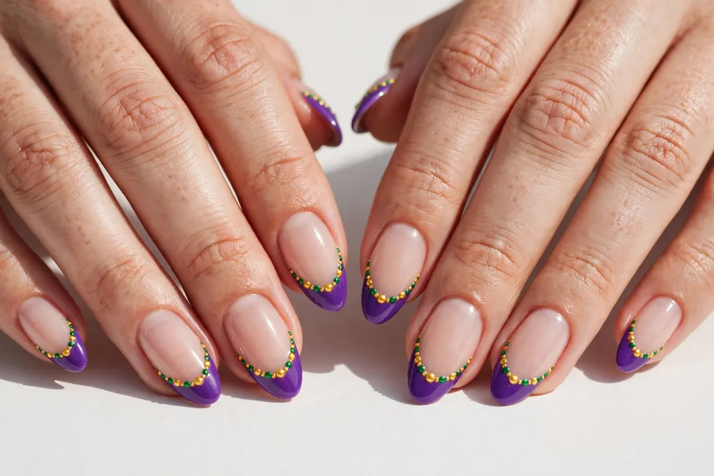 Beaded Border Mardi Gras French Tip Nails Mardi Gras French tip nails with purple tips edged with a border of tiny green and gold dots like parade beads on a sheer nude base, shown on medium almond nails.