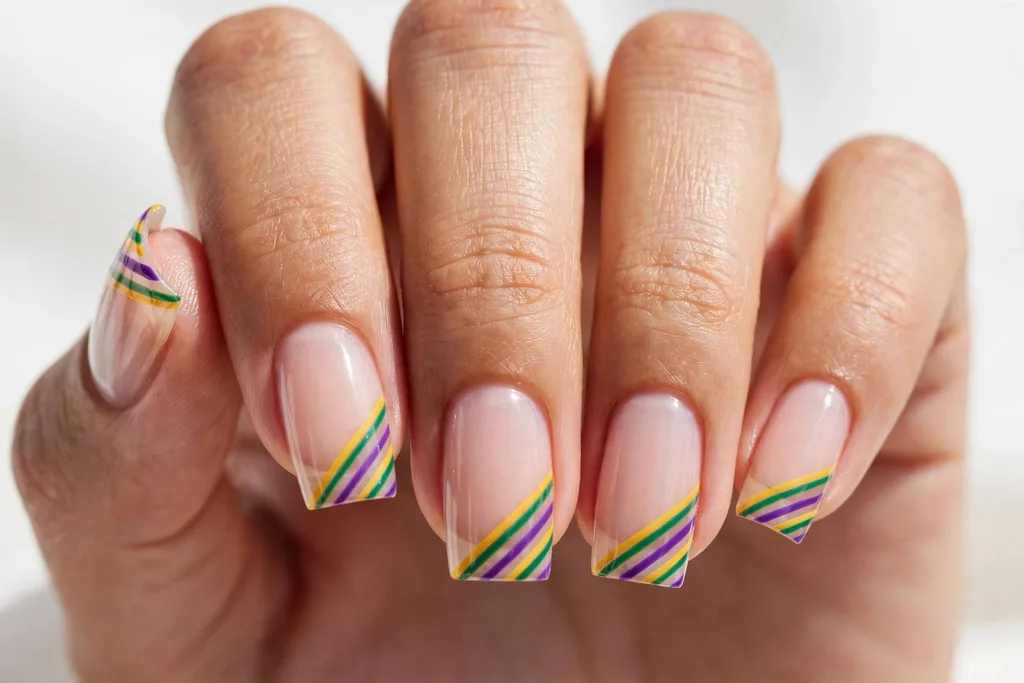 Carnival Striped Mardi Gras French Tip Nails Mardi Gras French tip nails with diagonal striped tips in purple, green, and gold on a sheer nude base, shown on medium square nails.