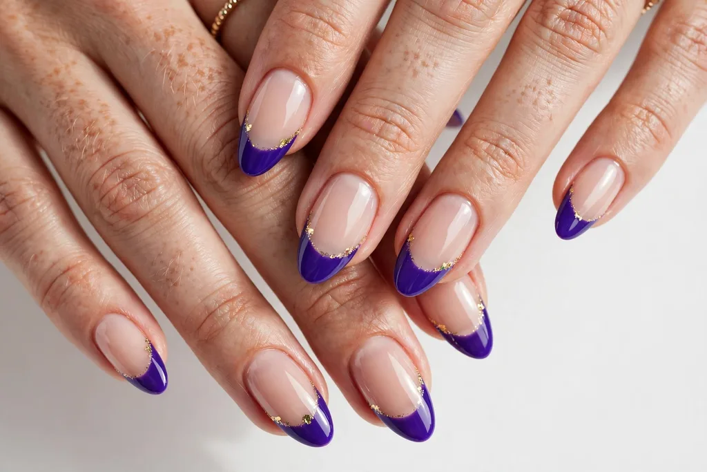 Classic Purple Mardi Gras French Tip Nails Mardi Gras French tip nails with royal purple glossy tips on a sheer nude base, shown on medium almond nails.